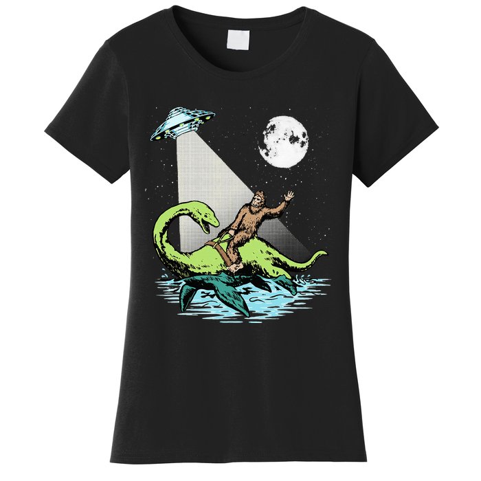 Bigfoot Riding Nessie & UFO Aliens At Night Funny Retro Women's T-Shirt