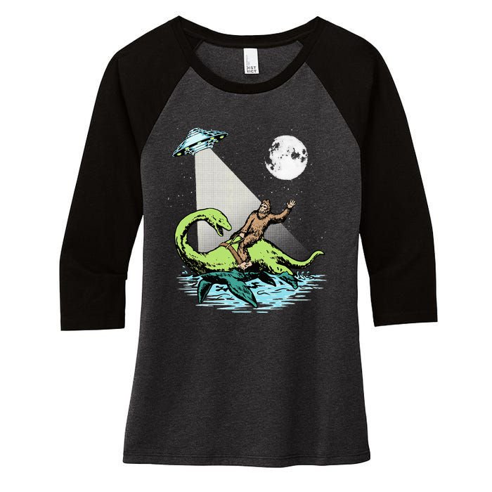 Bigfoot Riding Nessie & UFO Aliens At Night Funny Retro Women's Tri-Blend 3/4-Sleeve Raglan Shirt