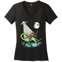 Bigfoot Riding Nessie & UFO Aliens At Night Funny Retro Women's V-Neck T-Shirt