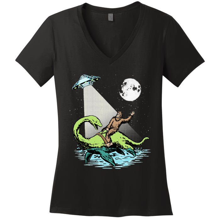 Bigfoot Riding Nessie & UFO Aliens At Night Funny Retro Women's V-Neck T-Shirt