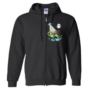 Bigfoot Riding Nessie & UFO Aliens At Night Funny Retro Full Zip Hoodie