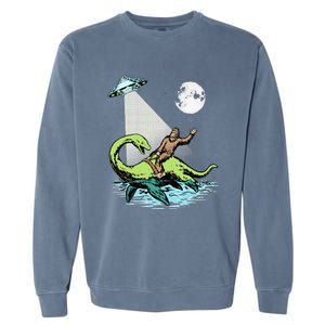 Bigfoot Riding Nessie & UFO Aliens At Night Funny Retro Garment-Dyed Sweatshirt