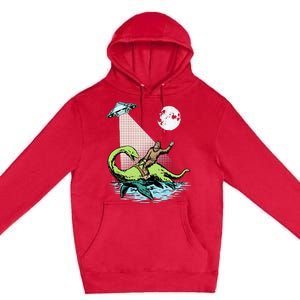 Bigfoot Riding Nessie & UFO Aliens At Night Funny Retro Premium Pullover Hoodie