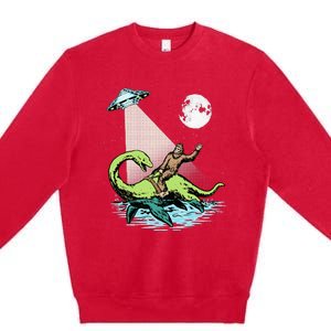 Bigfoot Riding Nessie & UFO Aliens At Night Funny Retro Premium Crewneck Sweatshirt