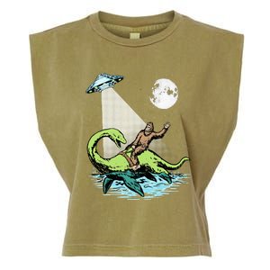 Bigfoot Riding Nessie & UFO Aliens At Night Funny Retro Garment-Dyed Women's Muscle Tee