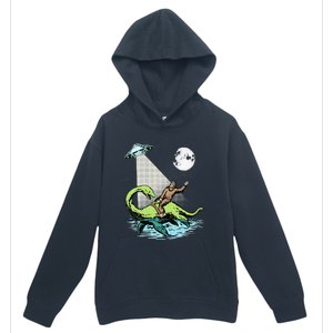 Bigfoot Riding Nessie & UFO Aliens At Night Funny Retro Urban Pullover Hoodie