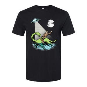 Bigfoot Riding Nessie & UFO Aliens At Night Funny Retro Softstyle CVC T-Shirt