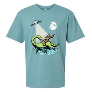 Bigfoot Riding Nessie & UFO Aliens At Night Funny Retro Sueded Cloud Jersey T-Shirt