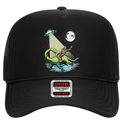 Bigfoot Riding Nessie & Ufo Aliens At Night Funny Retro Trucker Hat