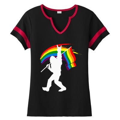 Bigfoot Rock On Rainbow Flag LGBT LGBTQ Gay Lesbian Bi Pride Ladies Halftime Notch Neck Tee