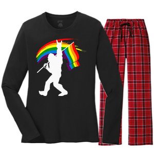 Bigfoot Rock On Rainbow Flag LGBT LGBTQ Gay Lesbian Bi Pride Women's Long Sleeve Flannel Pajama Set 