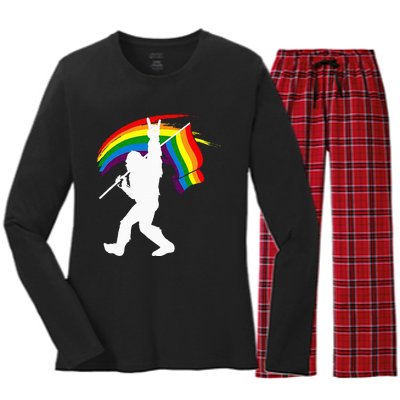 Bigfoot Rock On Rainbow Flag LGBT LGBTQ Gay Lesbian Bi Pride Women's Long Sleeve Flannel Pajama Set 