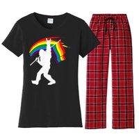 Bigfoot Rock On Rainbow Flag LGBT LGBTQ Gay Lesbian Bi Pride Women's Flannel Pajama Set