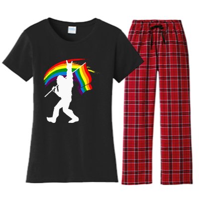 Bigfoot Rock On Rainbow Flag LGBT LGBTQ Gay Lesbian Bi Pride Women's Flannel Pajama Set