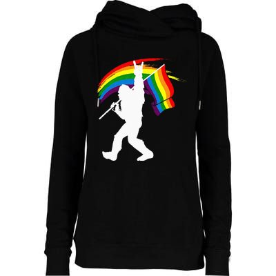 Bigfoot Rock On Rainbow Flag LGBT LGBTQ Gay Lesbian Bi Pride Womens Funnel Neck Pullover Hood