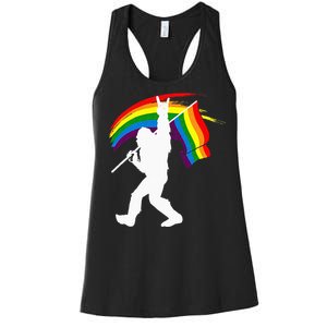 Bigfoot Rock On Rainbow Flag LGBT LGBTQ Gay Lesbian Bi Pride Women's Racerback Tank