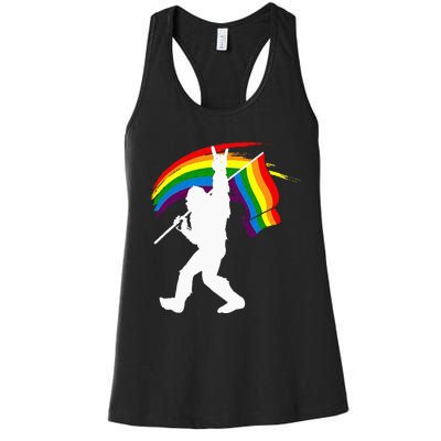 Bigfoot Rock On Rainbow Flag LGBT LGBTQ Gay Lesbian Bi Pride Women's Racerback Tank