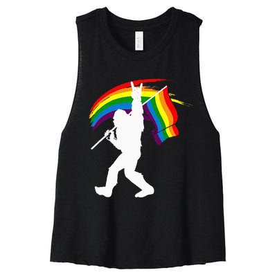 Bigfoot Rock On Rainbow Flag LGBT LGBTQ Gay Lesbian Bi Pride Women's Racerback Cropped Tank