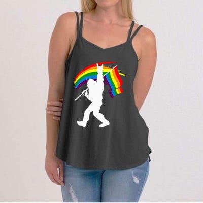 Bigfoot Rock On Rainbow Flag LGBT LGBTQ Gay Lesbian Bi Pride Women's Strappy Tank