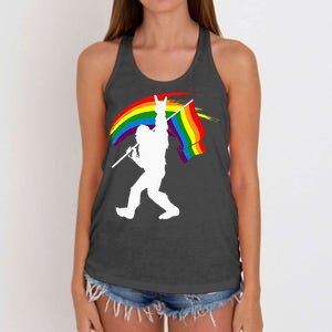 Bigfoot Rock On Rainbow Flag LGBT LGBTQ Gay Lesbian Bi Pride Women's Knotted Racerback Tank