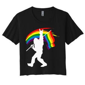 Bigfoot Rock On Rainbow Flag LGBT LGBTQ Gay Lesbian Bi Pride Women's Crop Top Tee