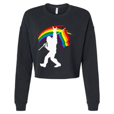 Bigfoot Rock On Rainbow Flag LGBT LGBTQ Gay Lesbian Bi Pride Cropped Pullover Crew