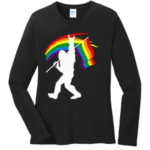 Bigfoot Rock On Rainbow Flag LGBT LGBTQ Gay Lesbian Bi Pride Ladies Long Sleeve Shirt