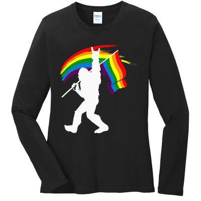 Bigfoot Rock On Rainbow Flag LGBT LGBTQ Gay Lesbian Bi Pride Ladies Long Sleeve Shirt