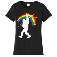 Bigfoot Rock On Rainbow Flag LGBT LGBTQ Gay Lesbian Bi Pride Women's T-Shirt