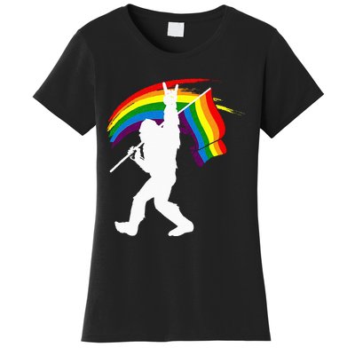 Bigfoot Rock On Rainbow Flag LGBT LGBTQ Gay Lesbian Bi Pride Women's T-Shirt