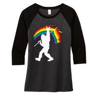 Bigfoot Rock On Rainbow Flag LGBT LGBTQ Gay Lesbian Bi Pride Women's Tri-Blend 3/4-Sleeve Raglan Shirt