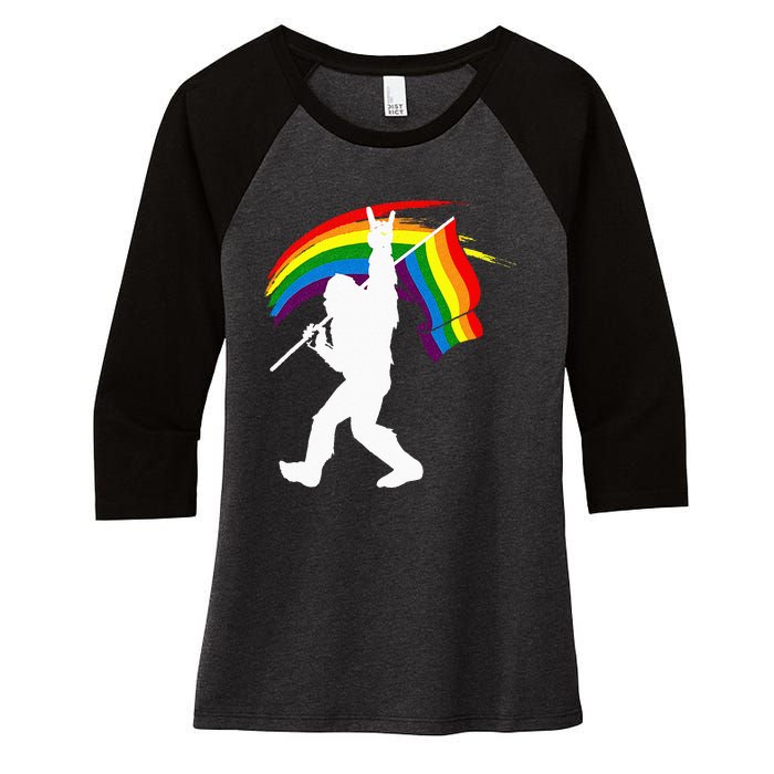 Bigfoot Rock On Rainbow Flag LGBT LGBTQ Gay Lesbian Bi Pride Women's Tri-Blend 3/4-Sleeve Raglan Shirt