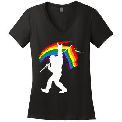 Bigfoot Rock On Rainbow Flag LGBT LGBTQ Gay Lesbian Bi Pride Women's V-Neck T-Shirt