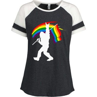 Bigfoot Rock On Rainbow Flag LGBT LGBTQ Gay Lesbian Bi Pride Enza Ladies Jersey Colorblock Tee