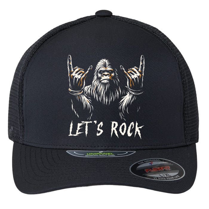 Bigfoot Rock On Funny Sasquatch Rock and Roll Let's Rock Flexfit Unipanel Trucker Cap