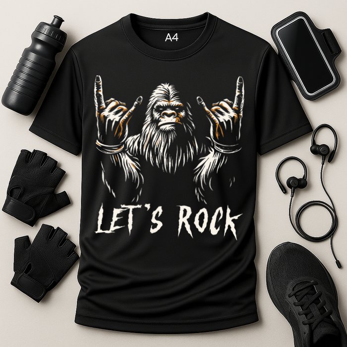 Bigfoot Rock On Funny Sasquatch Rock and Roll Let's Rock Cooling Performance Crew T-Shirt