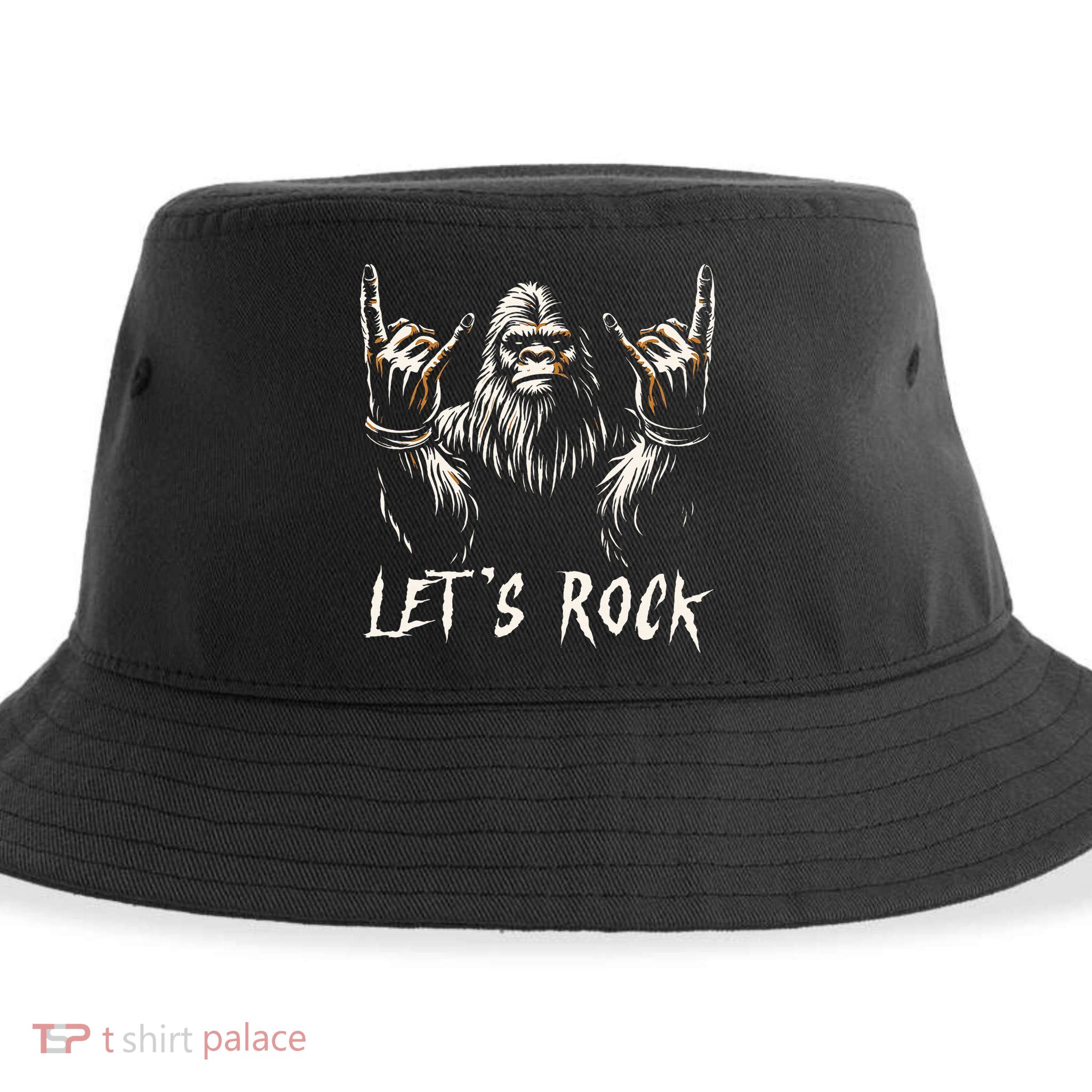 Bigfoot Rock On Funny Sasquatch Rock and Roll Let's Rock Sustainable Bucket Hat