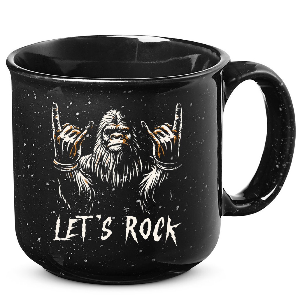 Bigfoot Rock On Funny Sasquatch Rock and Roll Let's Rock 15oz Campfire Ceramic Mug