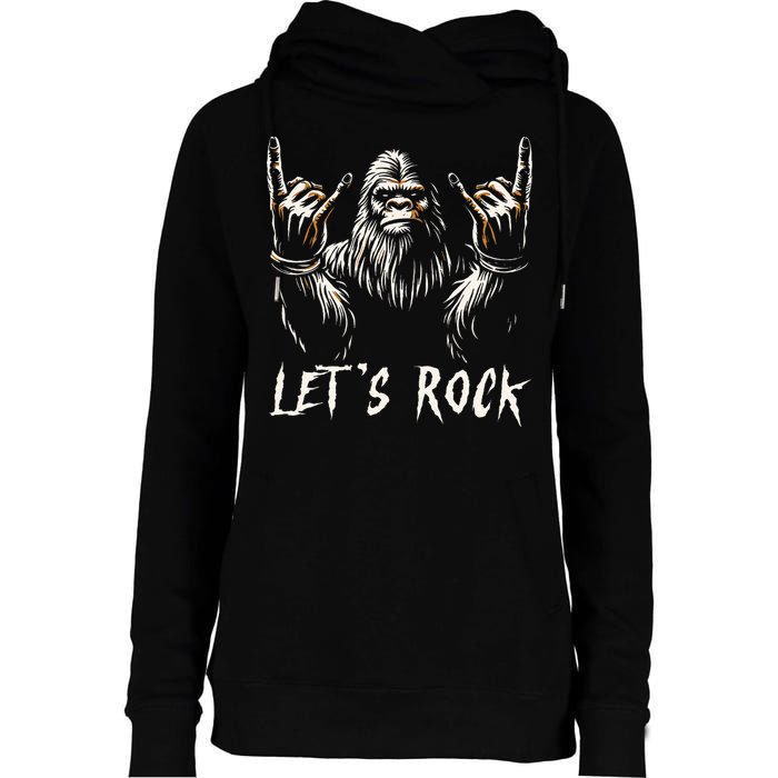 Bigfoot Rock On Funny Sasquatch Rock and Roll Let's Rock Womens Funnel Neck Pullover Hood