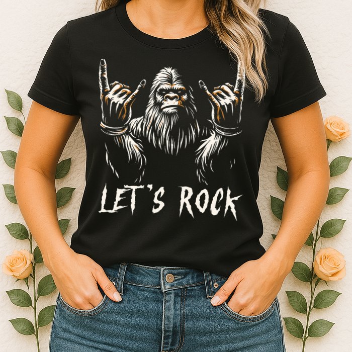 Bigfoot Rock On Funny Sasquatch Rock and Roll Let's Rock Womens T-Shirt