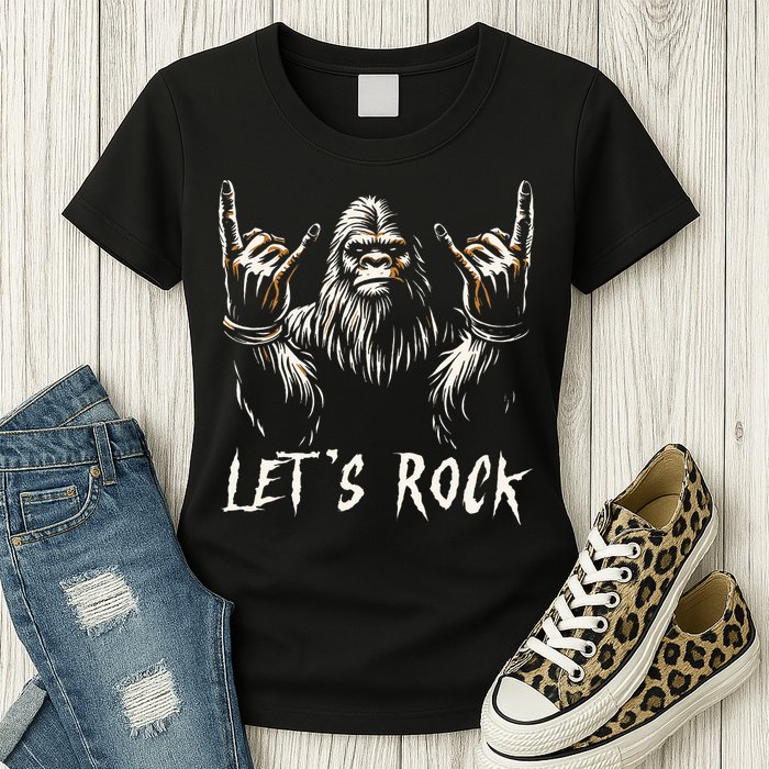 Bigfoot Rock On Funny Sasquatch Rock and Roll Let's Rock Womens T-Shirt