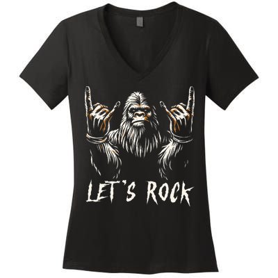 Bigfoot Rock On Funny Sasquatch Rock and Roll Let's Rock Women's V-Neck T-Shirt