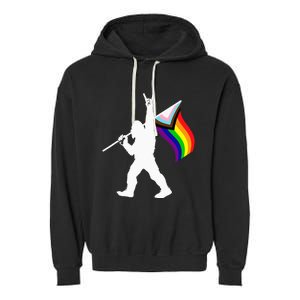 Bigfoot Rock On LGBTQ Progressive New Pride Flag Garment-Dyed Fleece Hoodie