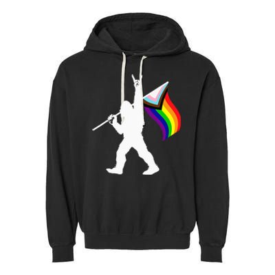 Bigfoot Rock On LGBTQ Progressive New Pride Flag Garment-Dyed Fleece Hoodie