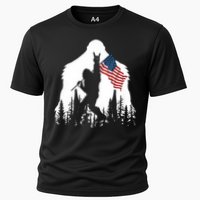 Bigfoot Rock On Hold American Flag Sasquatch Believers Cooling Performance Crew T-Shirt