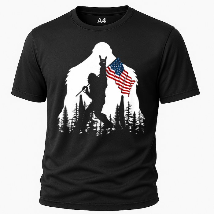 Bigfoot Rock On Hold American Flag Sasquatch Believers Cooling Performance Crew T-Shirt