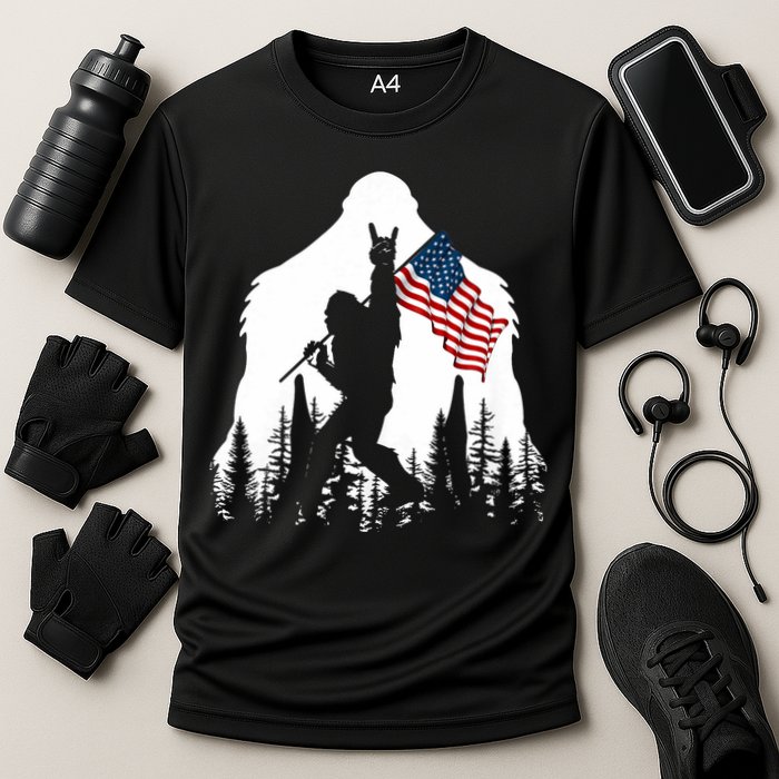 Bigfoot Rock On Hold American Flag Sasquatch Believers Cooling Performance Crew T-Shirt