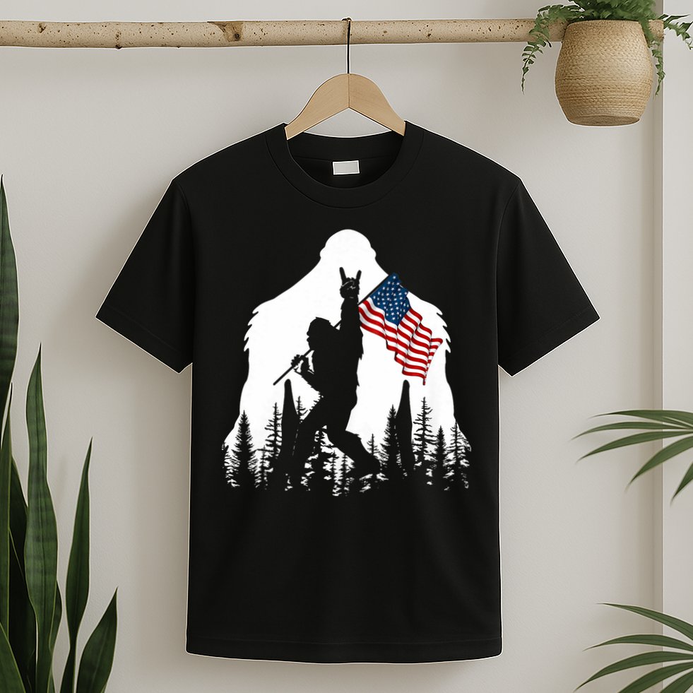 Bigfoot Rock On Hold American Flag Sasquatch Believers T-Shirt