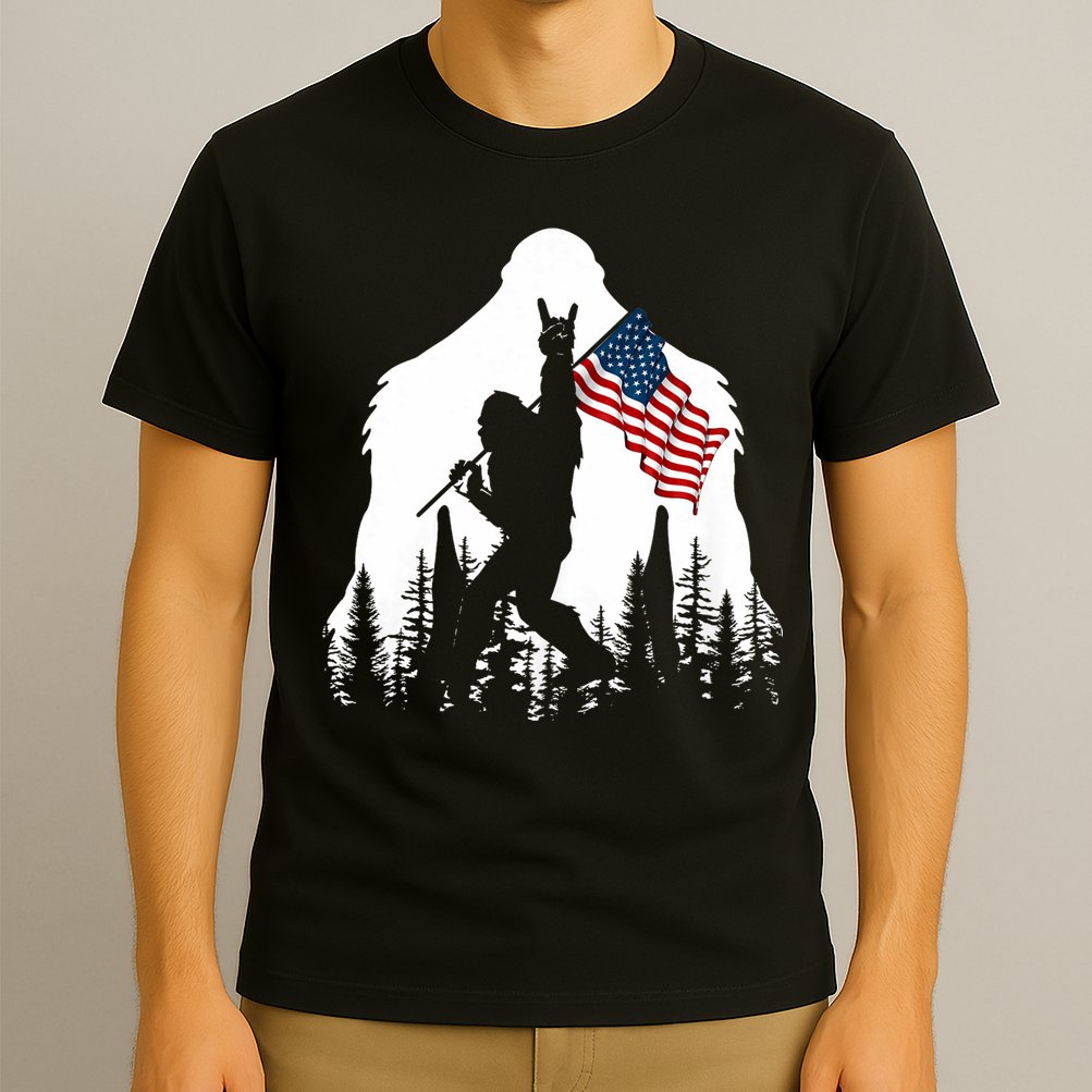 Bigfoot Rock On Hold American Flag Sasquatch Believers T-Shirt