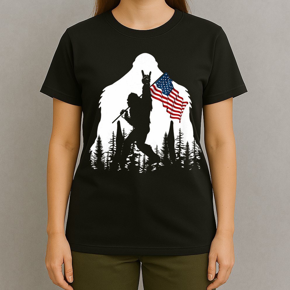 Bigfoot Rock On Hold American Flag Sasquatch Believers T-Shirt